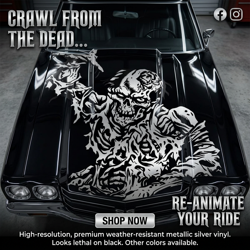 “Zombie graphic vinyl decal, white, applied on white car door; single‑color, high‑contrast design”