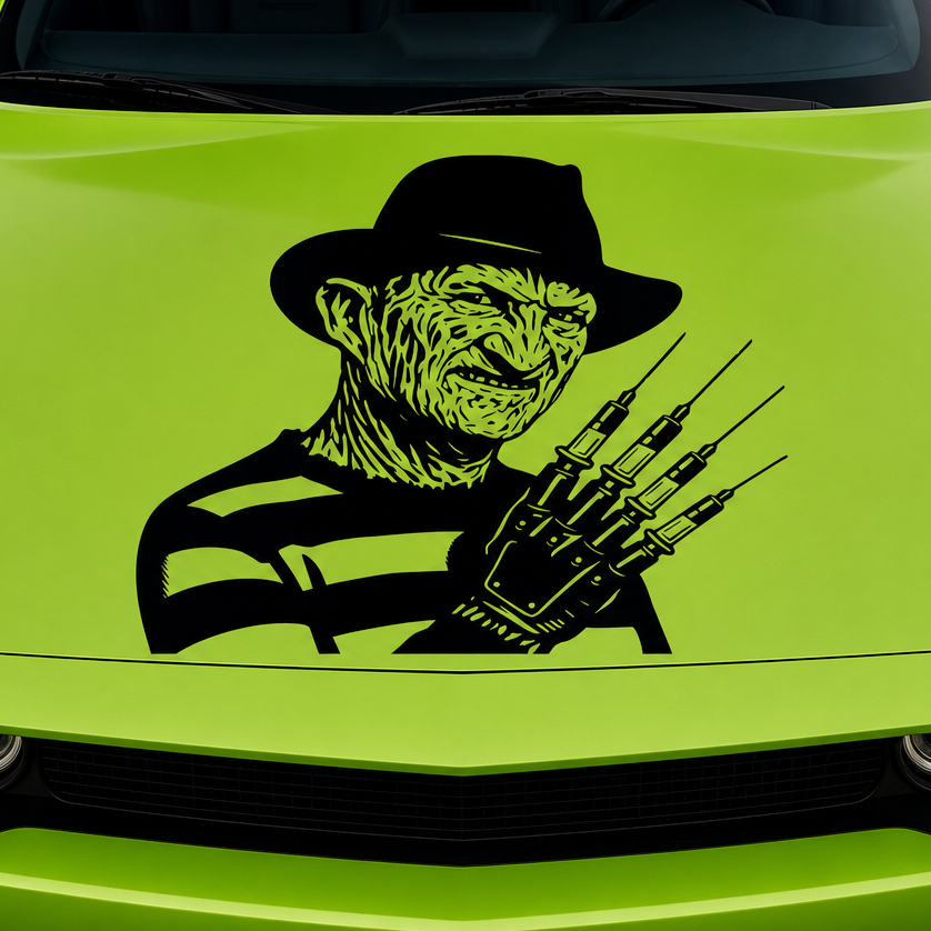Green car with a 'Freddy Krueger' decal  in black vinyl on the hood.