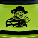 Green car with a 'Freddy Krueger' decal  in black vinyl on the hood.