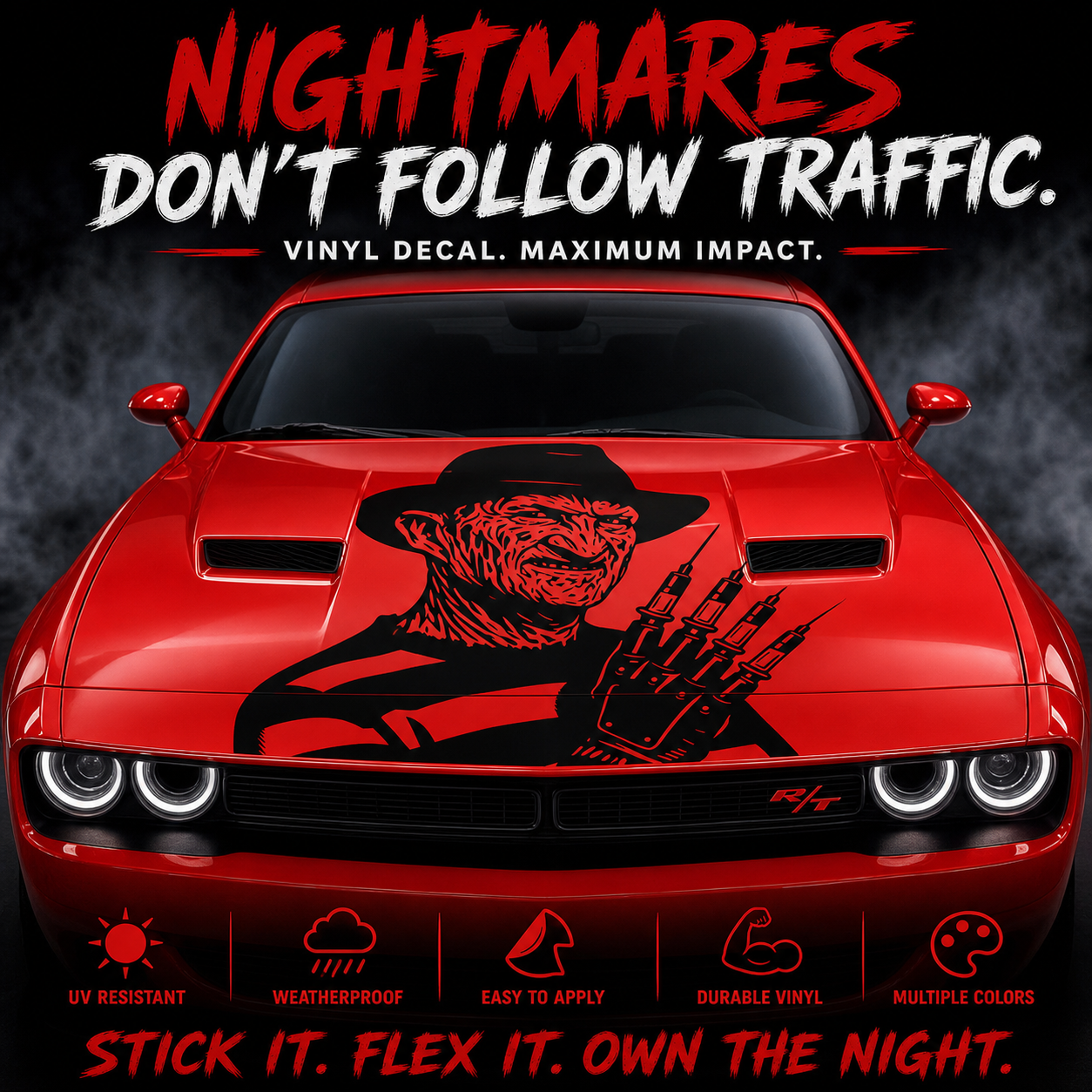 Red car with a vinyl decal of a Freddy Kreuger with Needle Glove