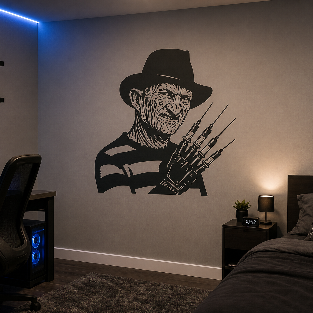 Teens room  with a vinyl decal of a Freddy Kreuger with Needle Glove