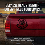 “Amputee Strong vinyl car decal, white, 10‑inch width on tailgate”