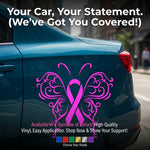 Pink ribbon breast cancer awareness vinyl car decal on trunk, 8‑inch width