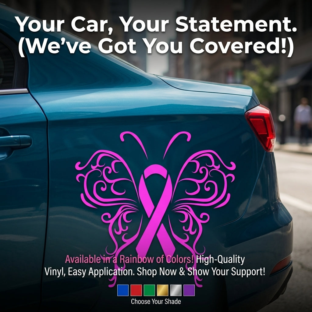 Pink ribbon breast cancer awareness vinyl car decal on trunk, 8‑inch width