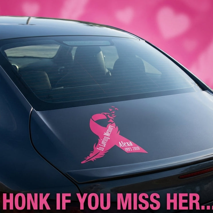Pink ribbon breast cancer awareness vinyl car decal on rear of vehicle , 10‑inch height