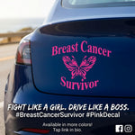 “Pink butterfly breast cancer awareness vinyl car decal on rear of vehicle, 8‑inch width”