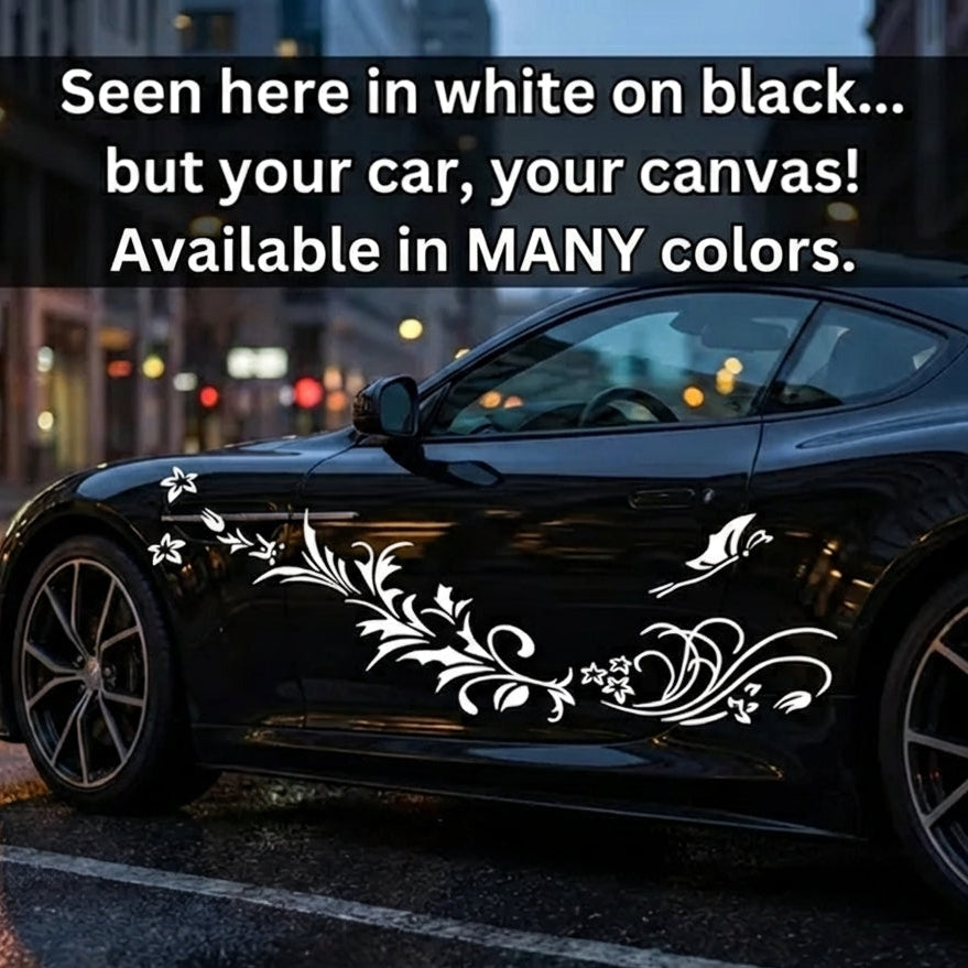 Butterfly swirls and flowers vinyl decal in white on black car door, 70×23