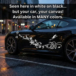 Butterfly swirls and flowers vinyl decal in white on black car door, 70×23