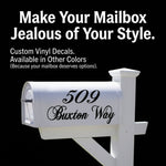 Mailbox address decals with optional flourish under street name, black vinyl on white mailbox