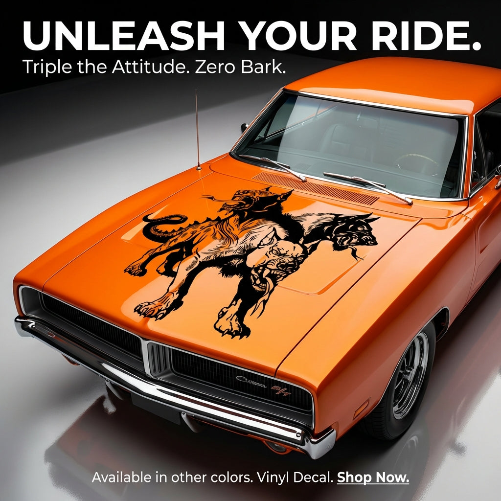 Black matte Cerberus car/wall decal, 40×32.7, die‑cut no background”