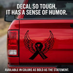 Feather ribbon cancer awareness vinyl decal, black, 10‑inch width on rear of truck”