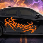 Orange tribal gothic car door lettering decal, 50×20, side view