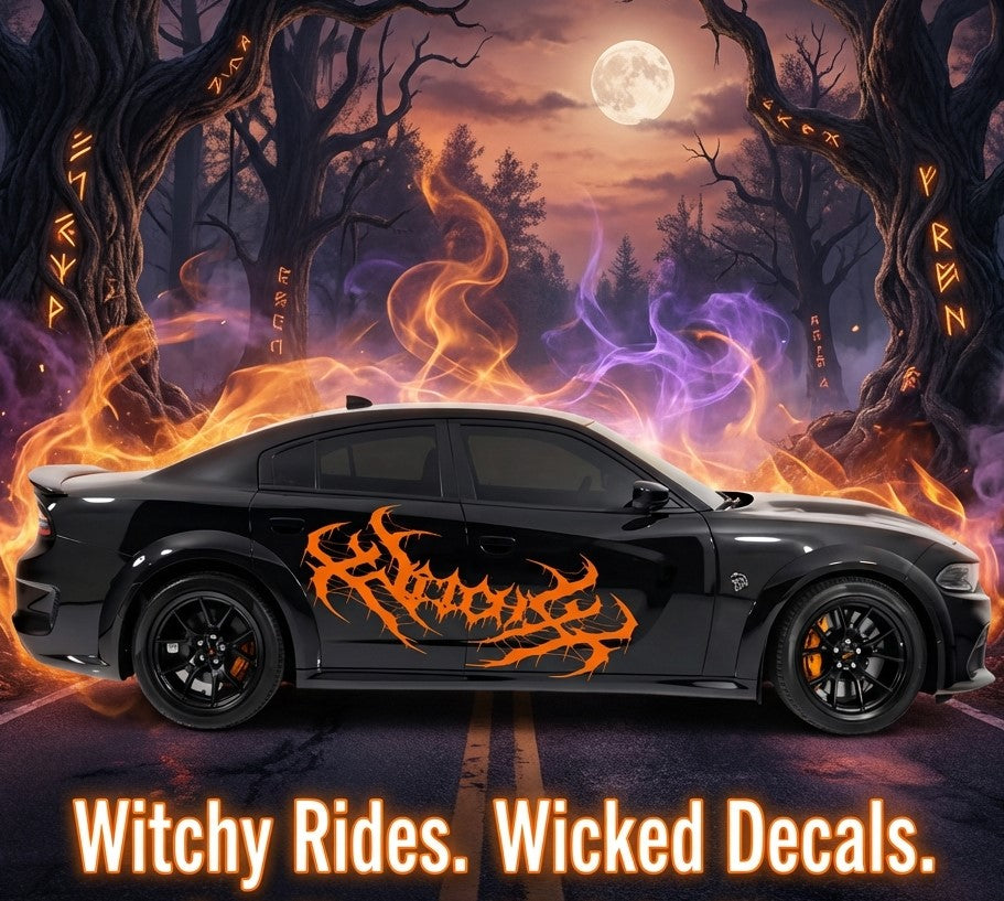 Orange tribal gothic car door lettering decal, 50×20, side view