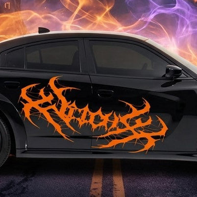 Orange tribal gothic car door lettering decal, 50×20, side view