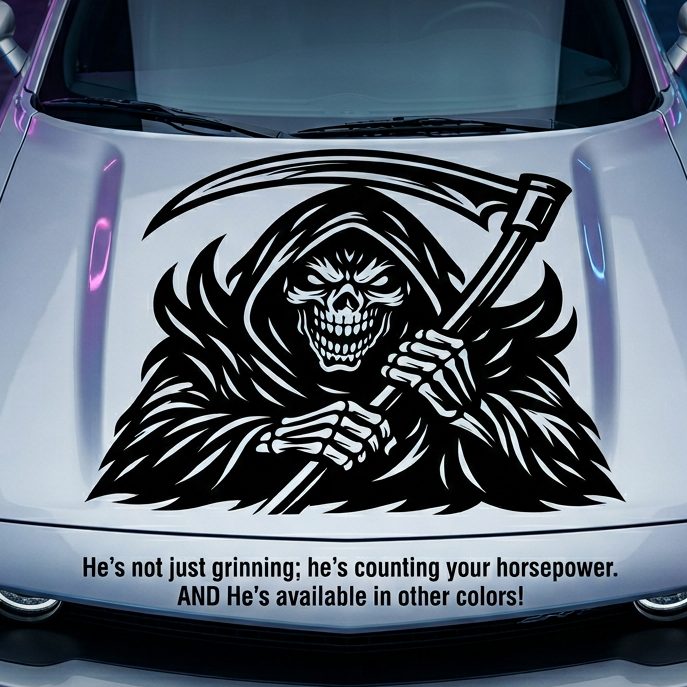 “Black matte Grim Reaper square wall/car decal, 28×28, high‑contrast silhouette”