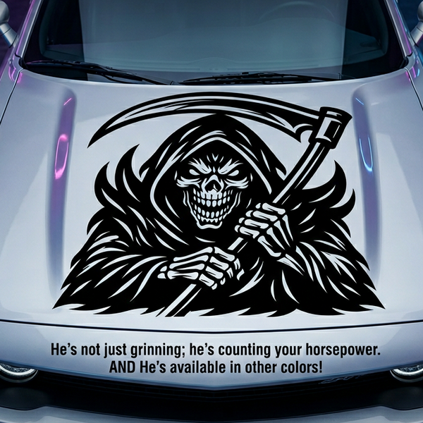 “Black matte Grim Reaper square wall/car decal, 28×28, high‑contrast silhouette”