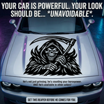 “Black matte Grim Reaper square wall/car decal, 28×28, high‑contrast silhouette”