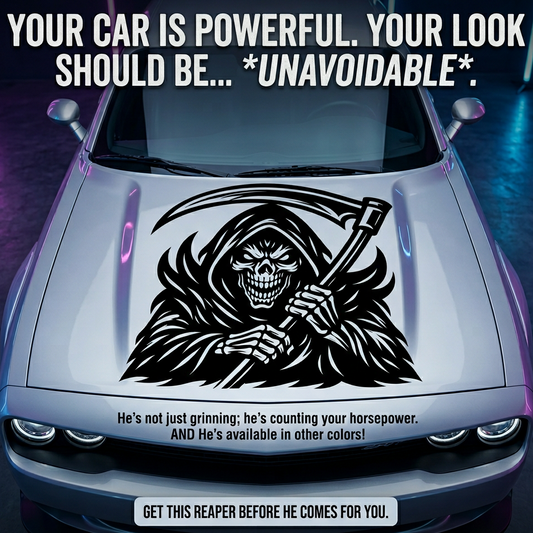“Black matte Grim Reaper square wall/car decal, 28×28, high‑contrast silhouette”