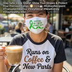 “Keeping My New Kidney Safe cotton face mask, white with GREEN  HTV text, reusable”