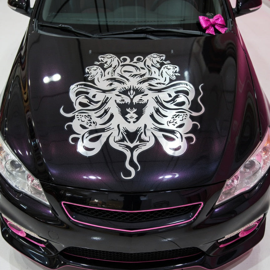 Black car with a white medusa design on the hood, decorated with pink bows on a white background.