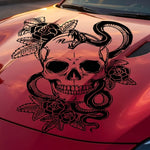 Black matte Skull + Snake + Flowers hood/wall decal, 37×29 in, high‑contrast silhouette on car