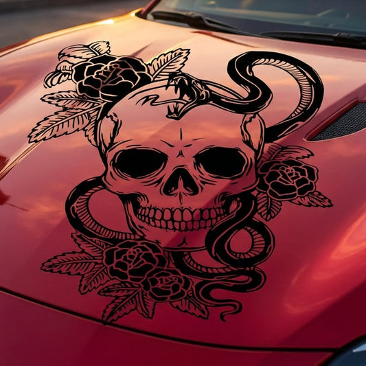 Black matte Skull + Snake + Flowers hood/wall decal, 37×29 in, high‑contrast silhouette on car