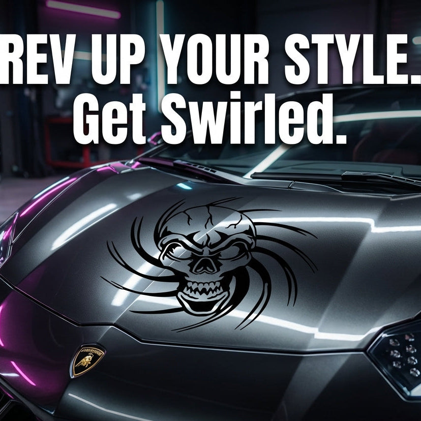 “Skull Tribal vinyl car/wall decal, black, die‑cut with no background on tinted hood”