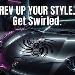 “Skull Tribal vinyl car/wall decal, black, die‑cut with no background on tinted hood”