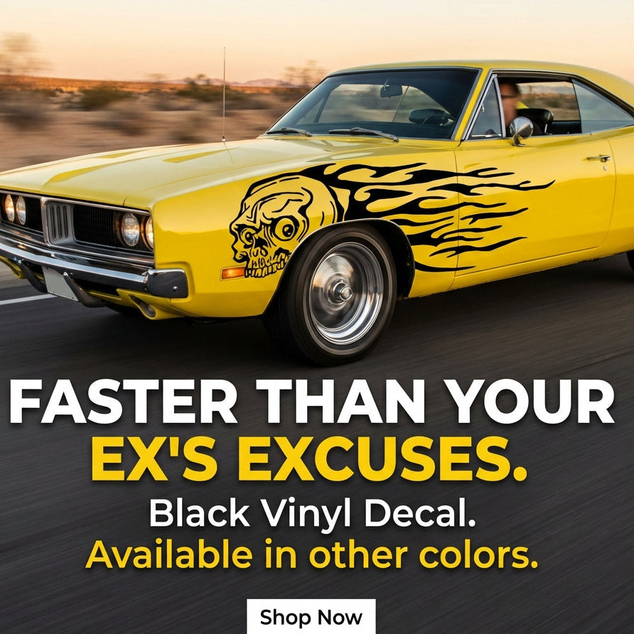 Yellow car with black vinyl decal on a road, promotional text overlay.