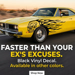 “Skull and flames vinyl car decals pair in black, applied along door/fender, die‑cut with no background”