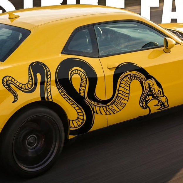 Black matte snake accent car decal centered on vehicle side, high‑contrast on light paint