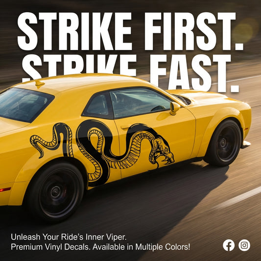 Yellow car with snake design on a road, promotional text overlay.