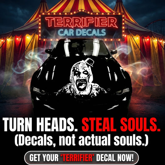 Car with 'Terrifier' decal in front of a circus tent with neon lights.