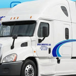 “Truck door vinyl lettering 2‑piece set — Company Name, City ST, USDOT, pre‑spaced die‑cut, white on dark van door”