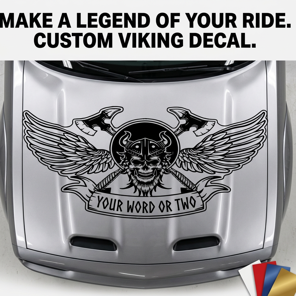 “Black matte Norse/Viking skull wall decal, large size, high‑contrast silhouette on smooth painted wall”