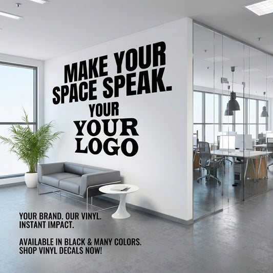 “Custom business logo decal on office wall, black gloss, 30×15”