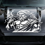 “Zeus‑inspired warrior lightning vinyl hood decal, white on black car, die‑cut with no background”