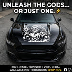 “Zeus‑inspired warrior lightning vinyl hood decal, white on black car, die‑cut with no background”