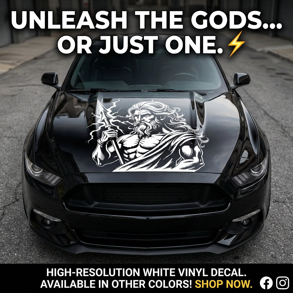 “Zeus‑inspired warrior lightning vinyl hood decal, white on black car, die‑cut with no background”