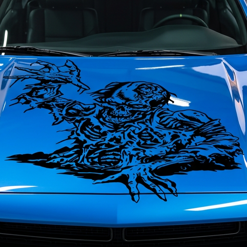 “Zombie graphic vinyl decal, white, applied on white car door; single‑color, high‑contrast design”