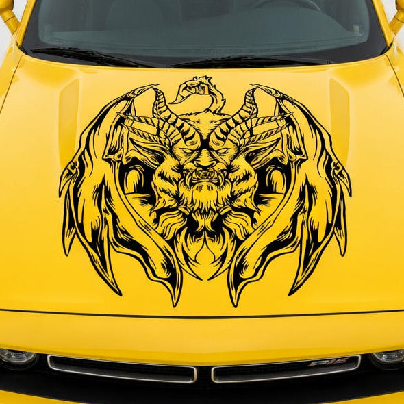 Muscle car with a large black chimera creature decal featuring lion, goat, and serpent elements displayed across the hood

