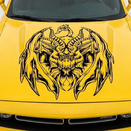 Muscle car with a large black chimera creature decal featuring lion, goat, and serpent elements displayed across the hood

