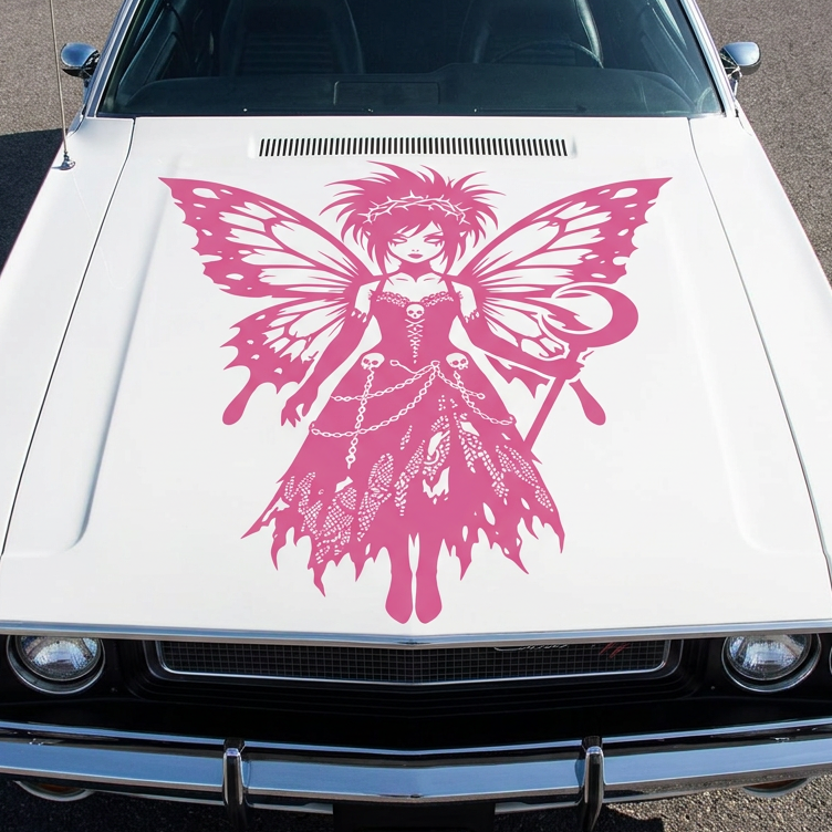 White vehicle with a large pink gothic fairy butterfly vinyl decal applied to the hood, featuring a bold fantasy design.
