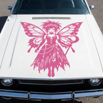 White vehicle with a large pink gothic fairy butterfly vinyl decal applied to the hood, featuring a bold fantasy design.