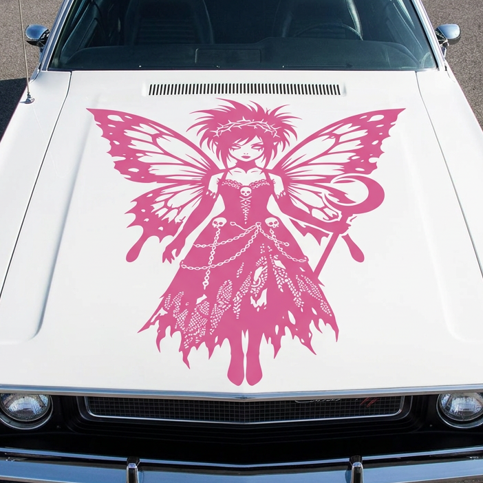 Car hood with a pink fairy decal on a white car
