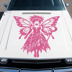Car hood with a pink fairy decal on a white car