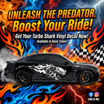Turbo Shark die-cut vinyl decal on side of vehicle, many sizes and colors