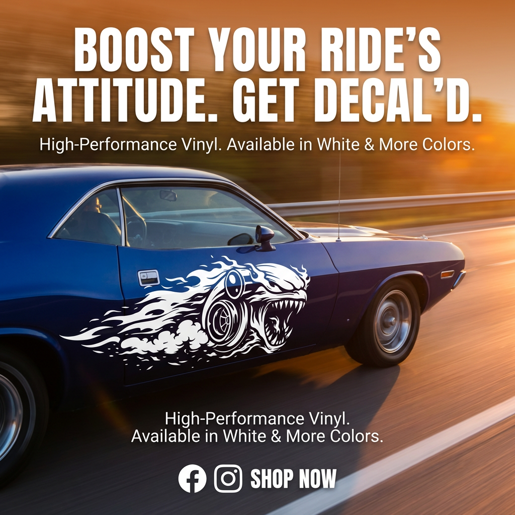Turbo Shark die-cut vinyl decal on side of vehicle, many sizes and colors