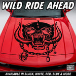Red muscle car with aggressive war pig skull hood decal featuring tusks and chain design