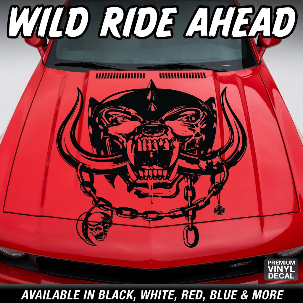 Red muscle car with aggressive war pig skull hood decal featuring tusks and chain design